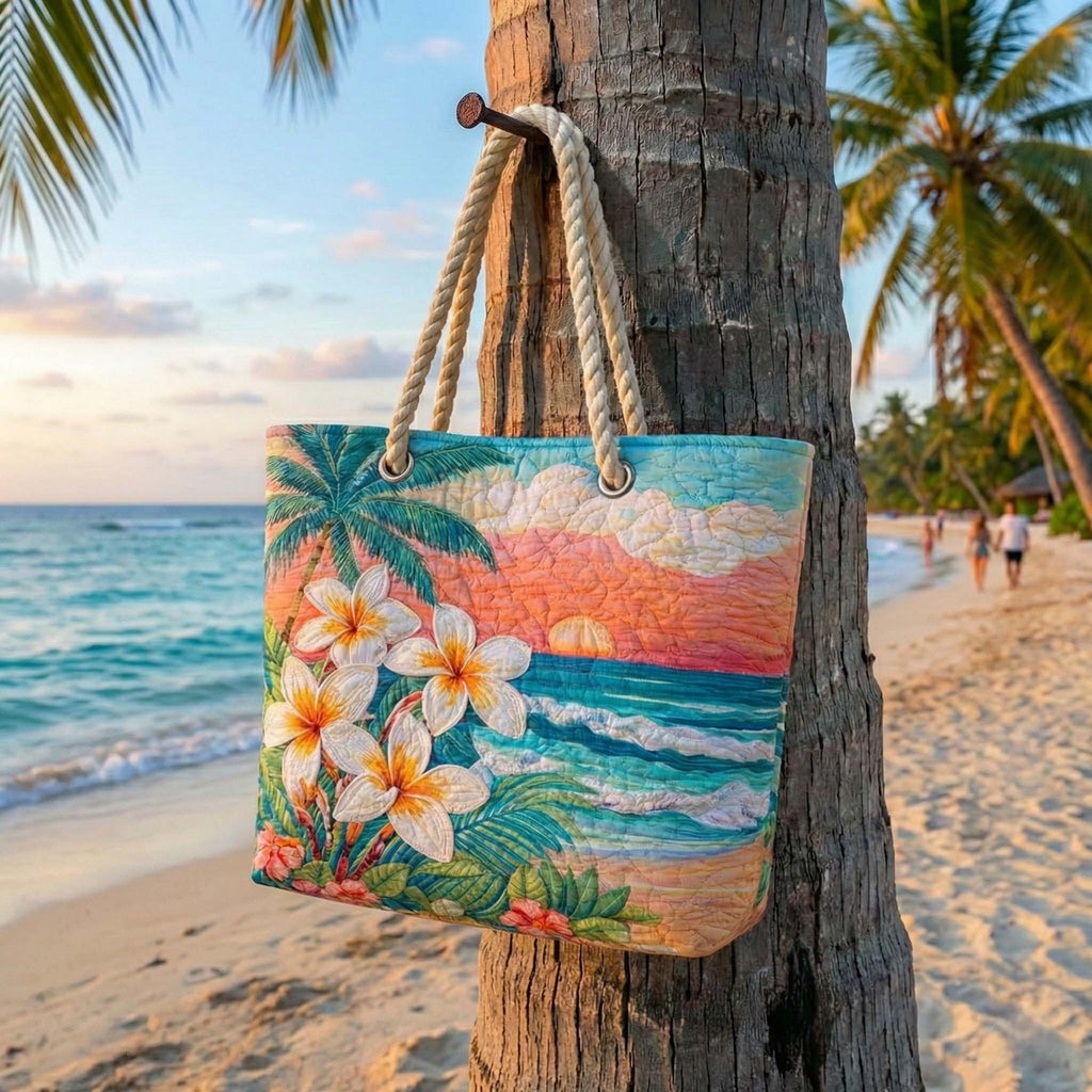 Quilted beach bag with the Tropical Spirit design, palm leaves, hibiscus flowers and monstera fronds in jade, fuchsia and hot orange, standing upright