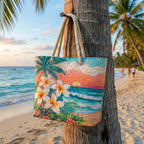 Quilted beach bag with the Tropical Spirit design, palm leaves, hibiscus flowers and monstera fronds in jade, fuchsia and hot orange, standing upright