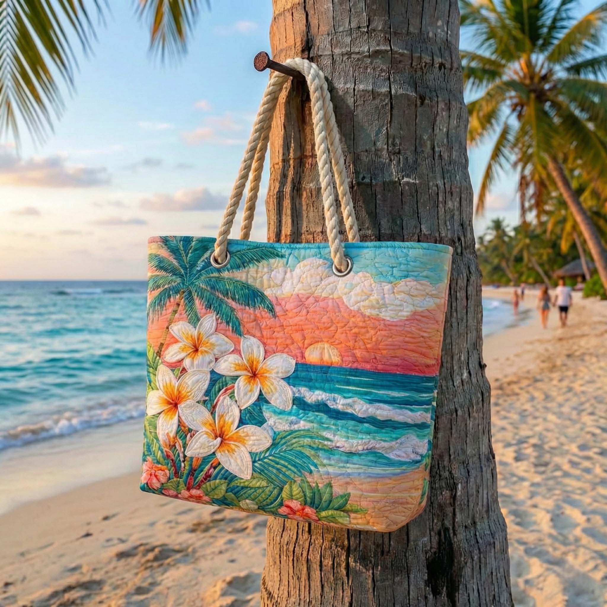 Quilted beach bag with the Tropical Spirit design, palm leaves, hibiscus flowers and monstera fronds in jade, fuchsia and hot orange, standing upright