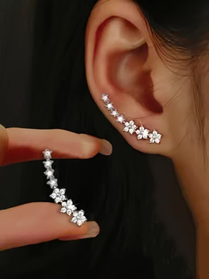 Ear Climber Earrings - Crystal Flowers