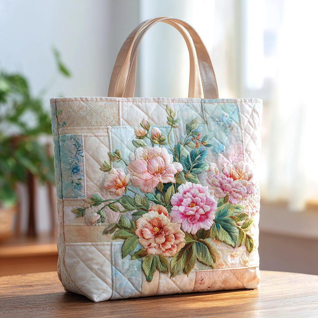 Flower Bloom Patchwork quilted tote bag – roses on patchwork