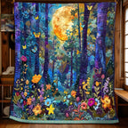 Moonlit Woodland Flowers quilted throw – purple trees and wildflowers under a golden moon