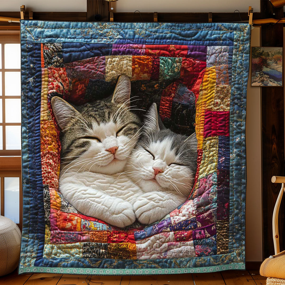 Cuddling Cats quilted throw – two tabby cats cuddling on white