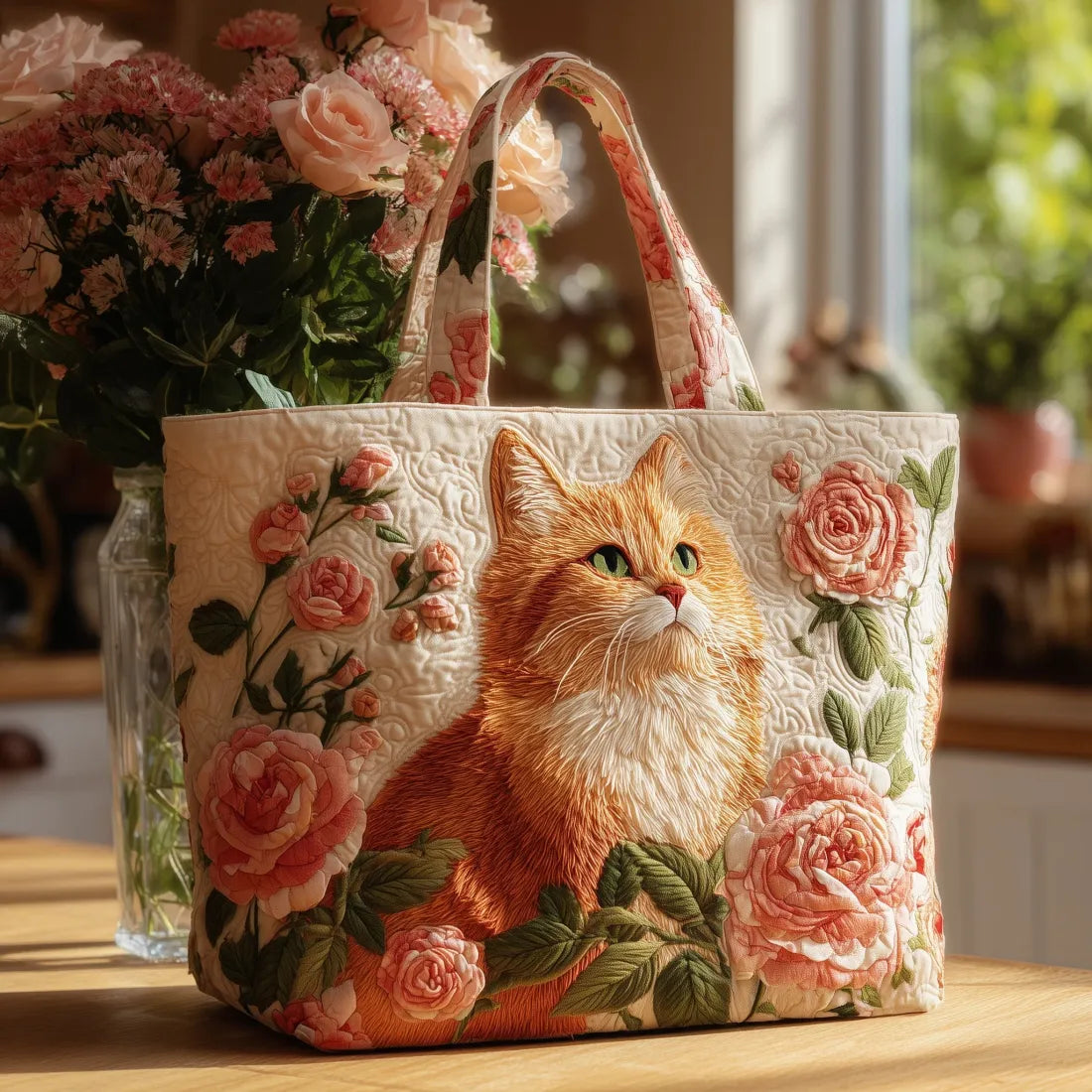 Artisan quilted tote bag with the Ginger Cat with Roses design, a ginger cat sitting amongst full pink roses, striped tail curled round his paws against soft green quilting
