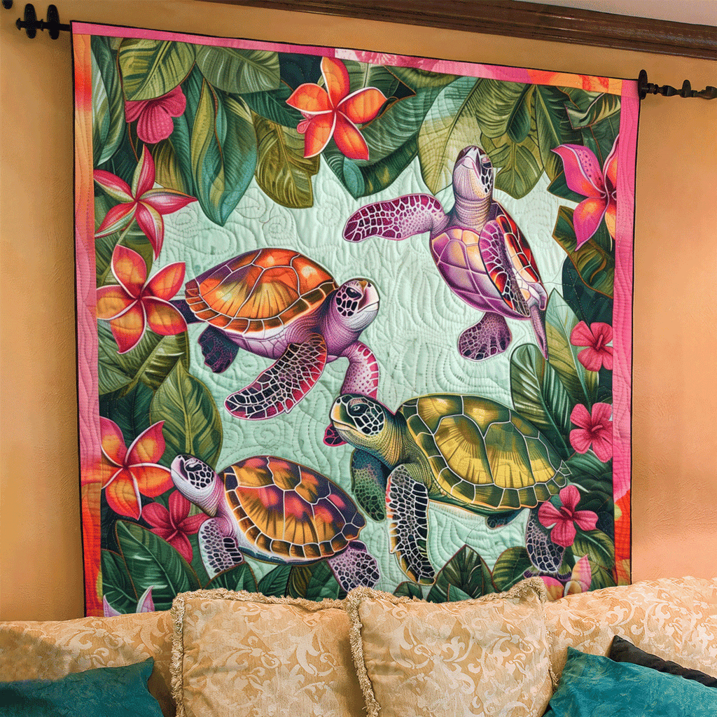 Art Quilt - Tropical Leaf Turtles – view 2