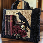 Crimson Raven quilted tote bag – raven on books