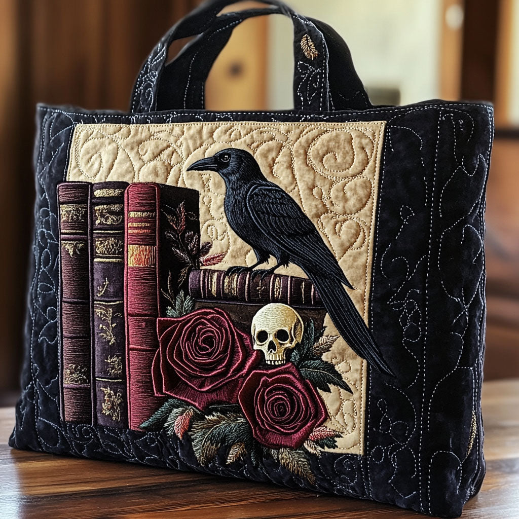 Crimson Raven quilted tote bag – raven on books