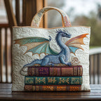 Dragon Library quilted tote bag – dragon on books