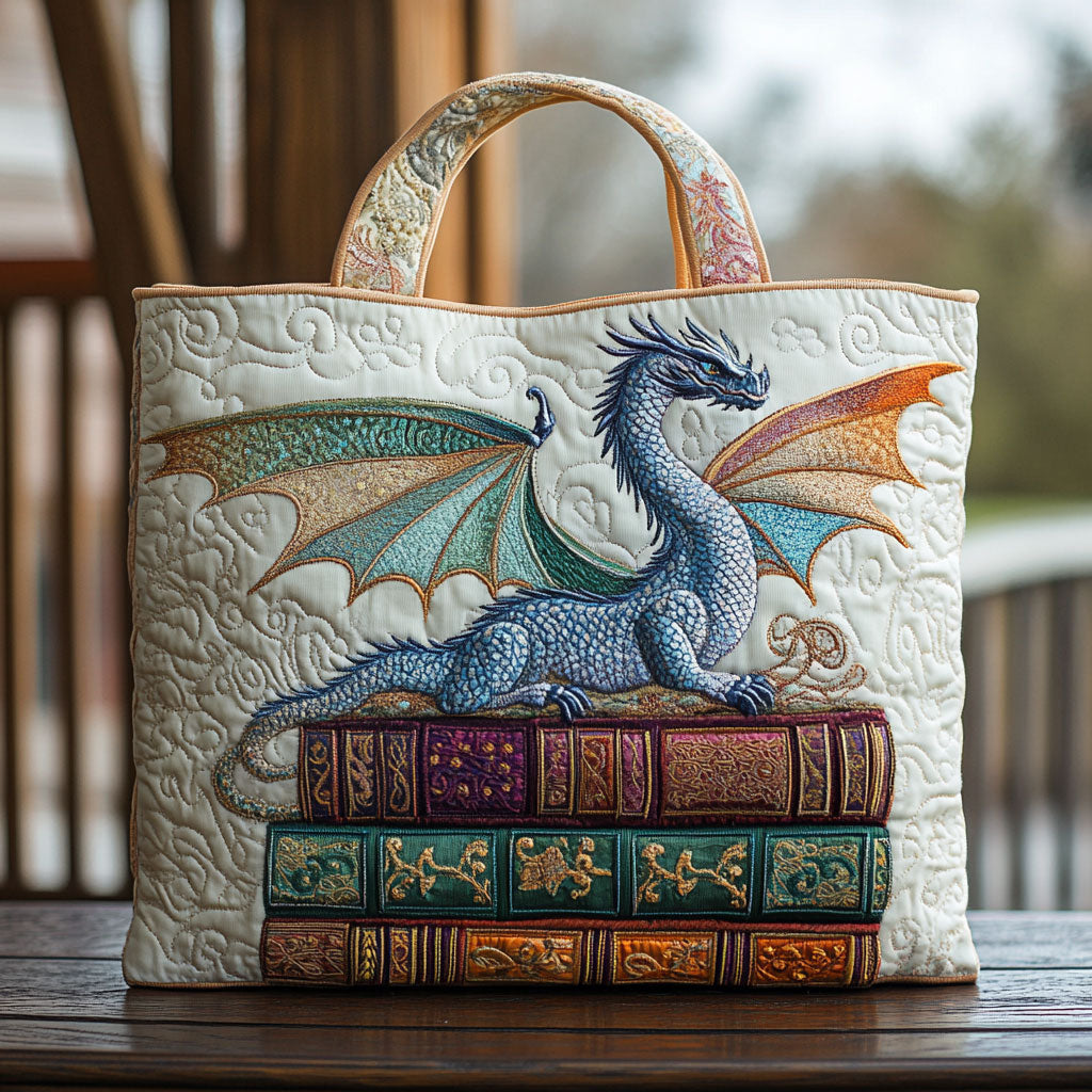 Dragon Library quilted tote bag – dragon on books