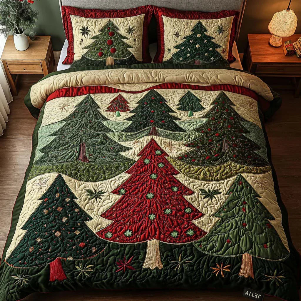 Quilted bedspread set with moonlit trees rising through violet mist on deep blue in the Enchanted Forest design