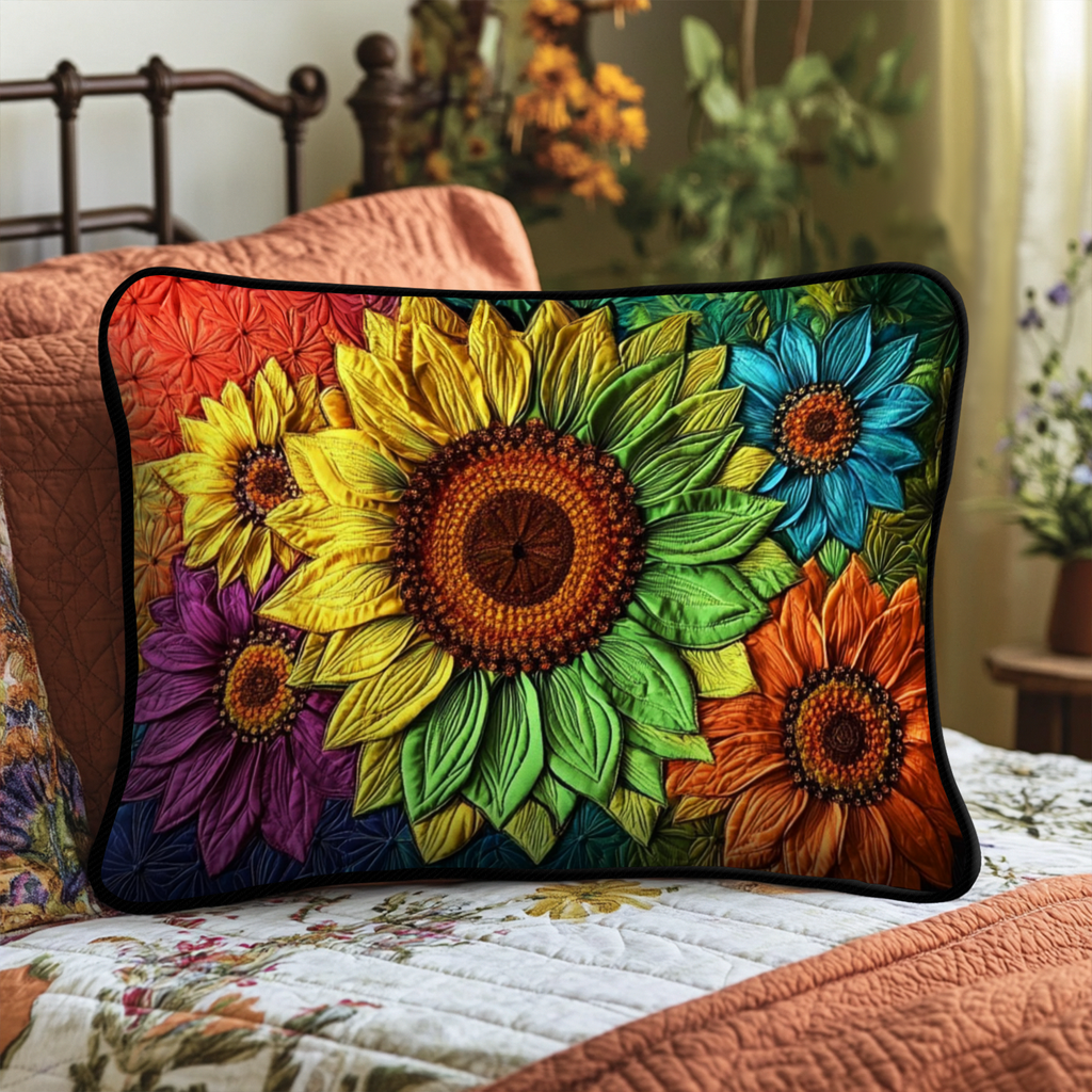 Rainbow Sunflowers quilted pillowcase – large sunflower among bright daisies