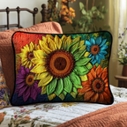 Rainbow Sunflowers quilted pillowcase – large sunflower among bright daisies