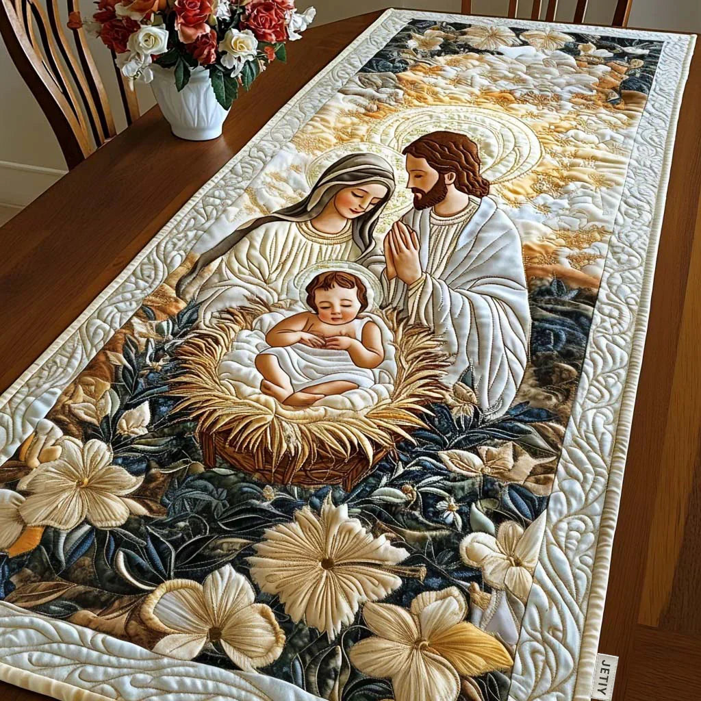 Quilted table runner with a Nativity Manger design of the holy family gathered around the manger by lamplight beneath the star above the stable