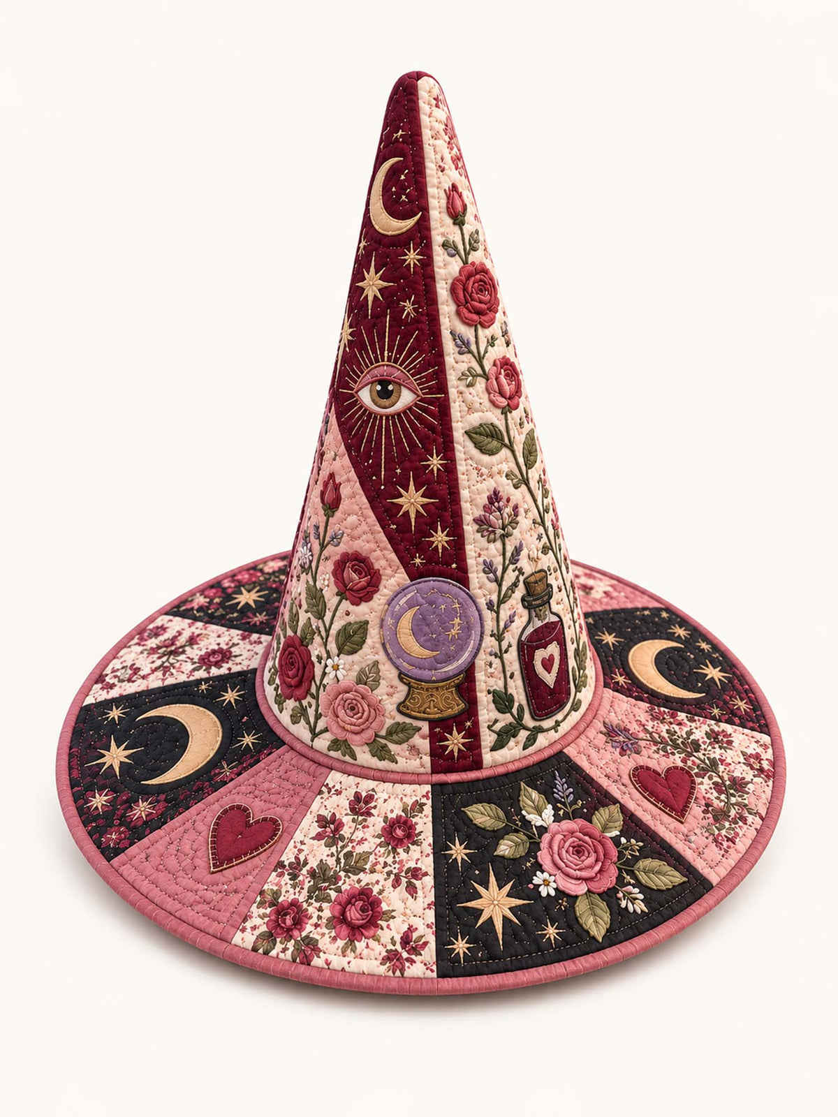 Rose Moon Patchwork quilted witch hat – roses and moons