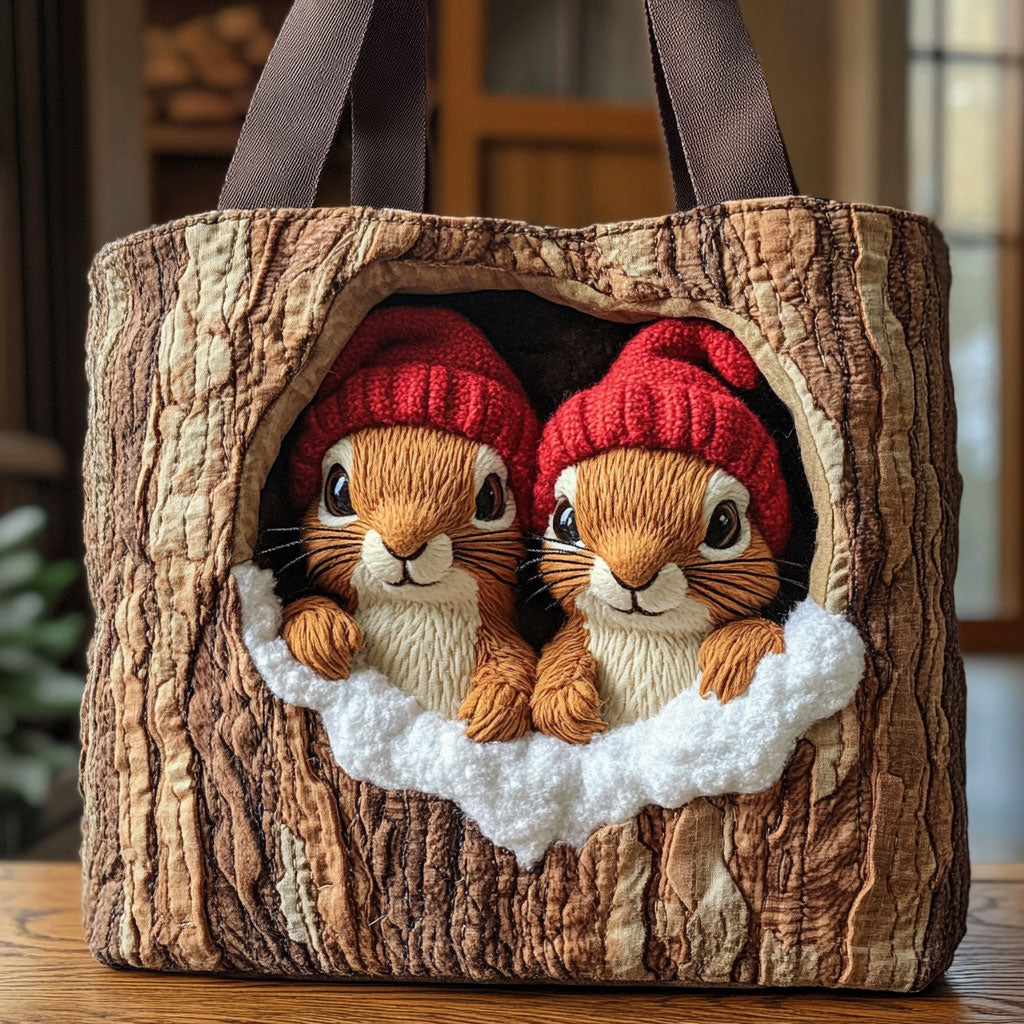 Winter Nest Squirrels quilted tote bag – squirrels in tree