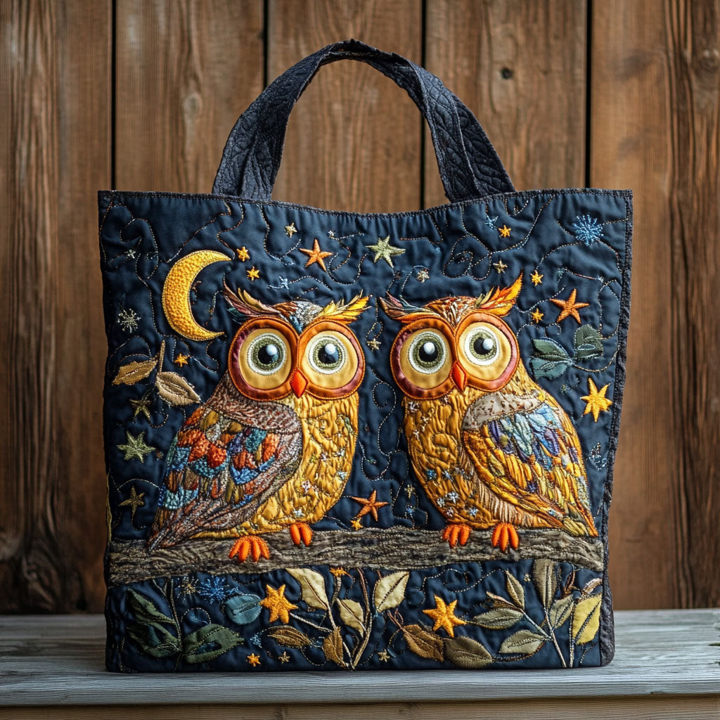 Moonlight Owls quilted tote bag – owls under moon