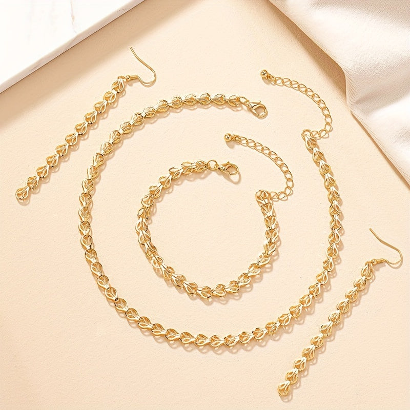 3-Piece Jewellery Set - Gold-Tone Leaf Chain