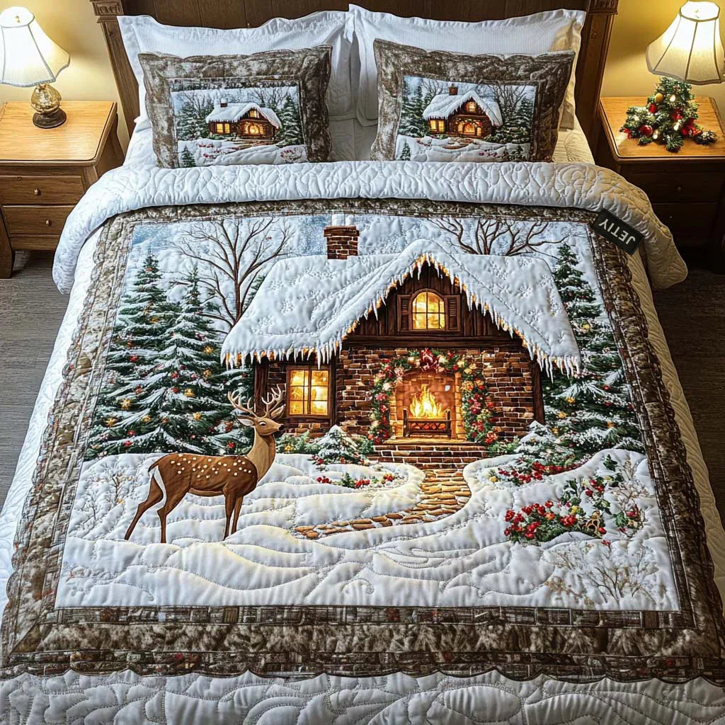 Quilted bedspread set with pine trees, log cabins and deer in forest green and russet, the Cosy Cabin design