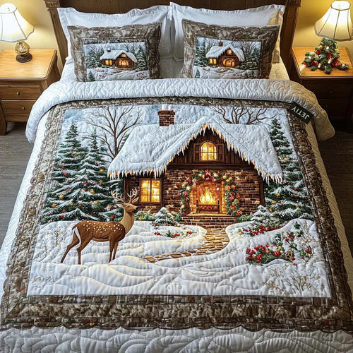 Quilted bedspread set with pine trees, log cabins and deer in forest green and russet, the Cosy Cabin design