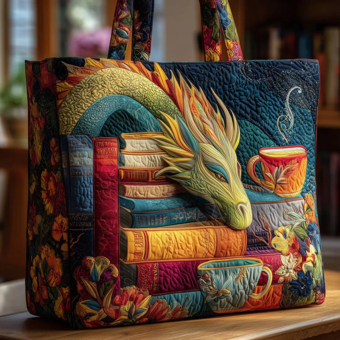 Artisan quilted tote bag with the Dragon with Books and Mugs design, a green dragon coiled around a tower of books and two mugs.