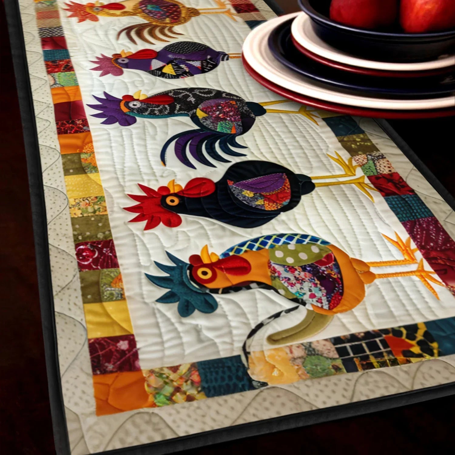 Quilted table runner with a line of strutting cockerels in rust, ochre and slate