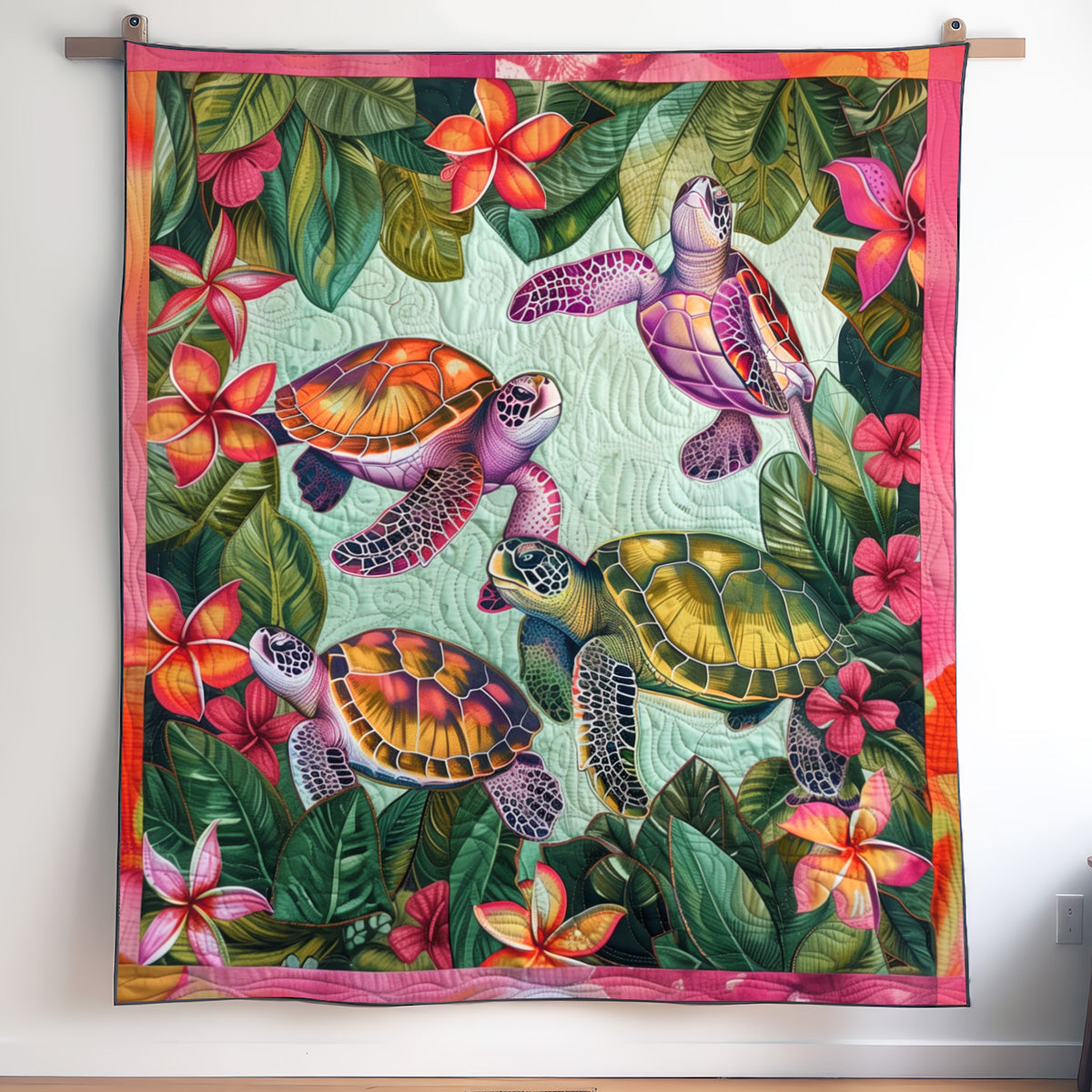 Tropical Leaf Turtles art quilt – turtles among leaves