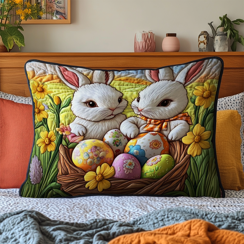 Easter Bunnies quilted pillowcase – white bunnies with painted eggs in a basket