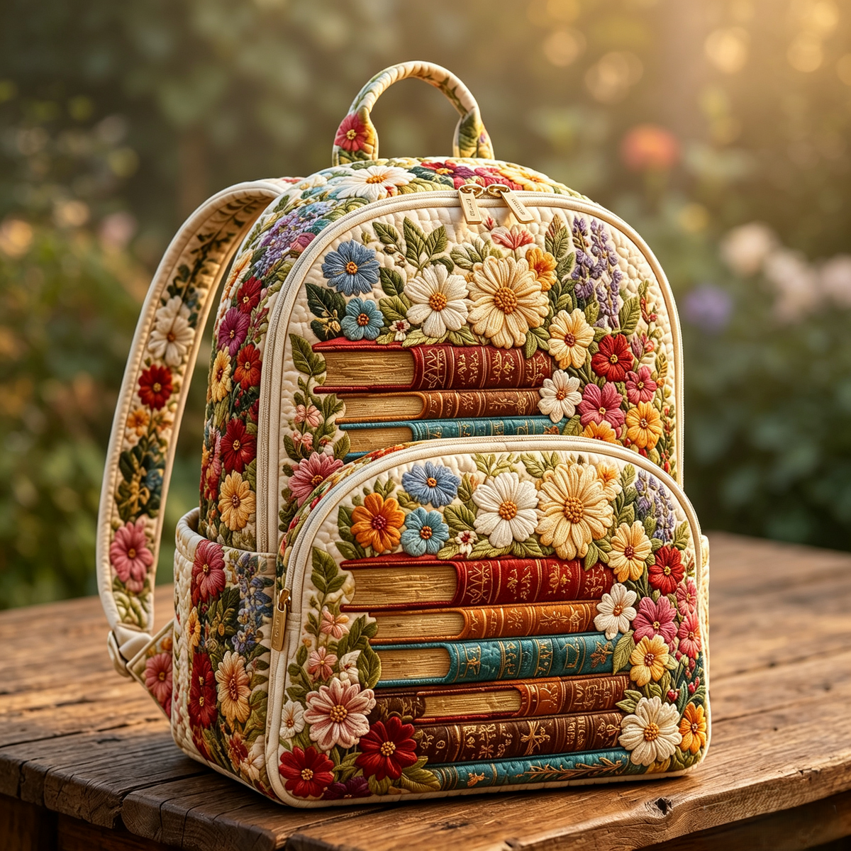 Floral Book Stack quilted backpack – books among flowers