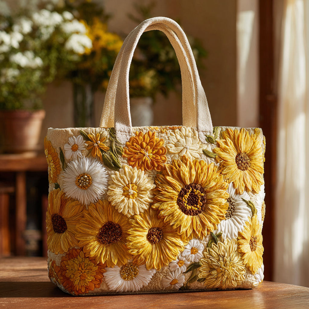 Sunny Garden quilted tote bag – sunflowers and daisies