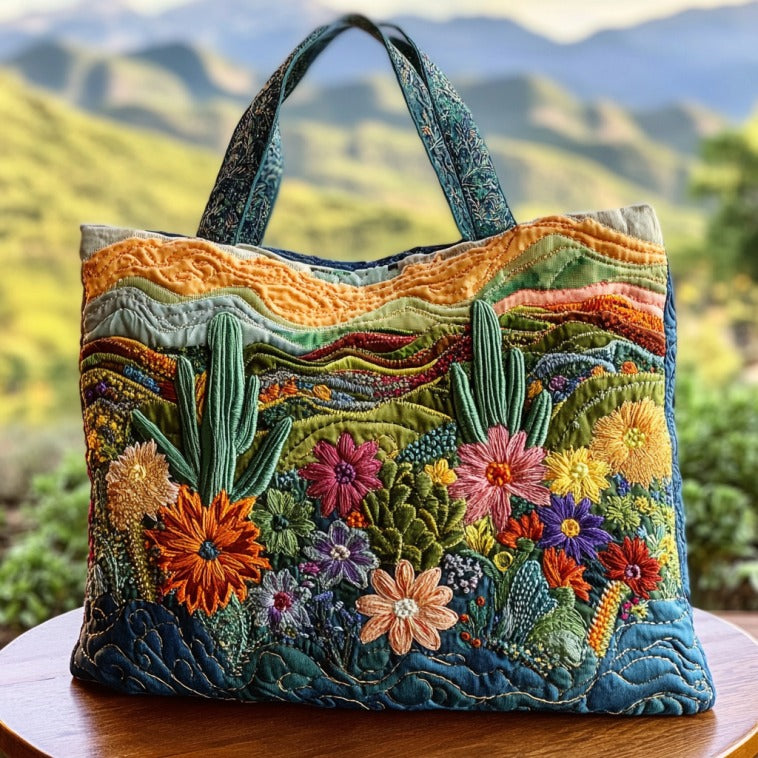 Blooming Cactus Hills quilted tote bag – cacti on hills