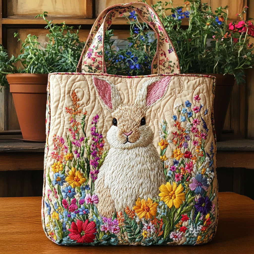 Rabbit Flower quilted tote bag – rabbit in flowers