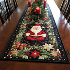 Quilted table runner with an Arctic Glow design of blue and green northern lights above snow-covered pines on a deep night sky