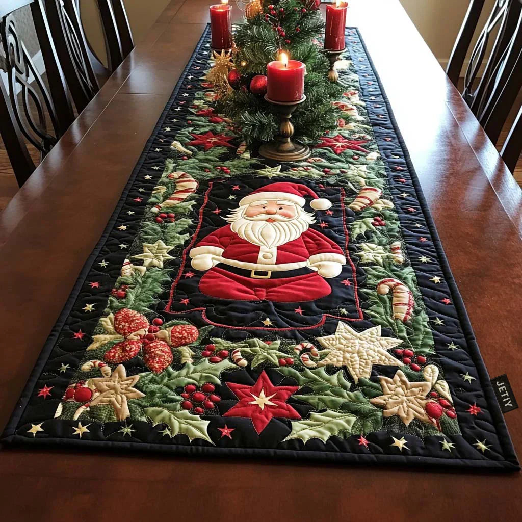 Quilted table runner with an Arctic Glow design of blue and green northern lights above snow-covered pines on a deep night sky