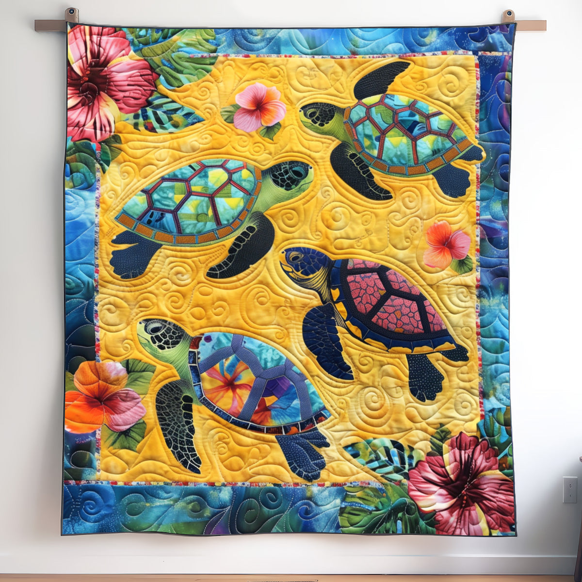 Sunny Sea Turtles art quilt – turtles on yellow