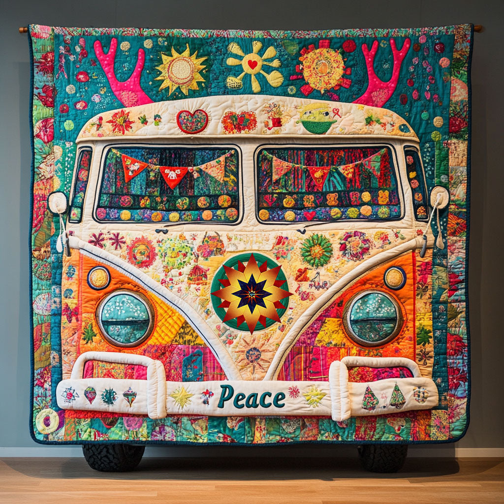 Peace Camper Van quilted throw – retro camper van with a peace sign