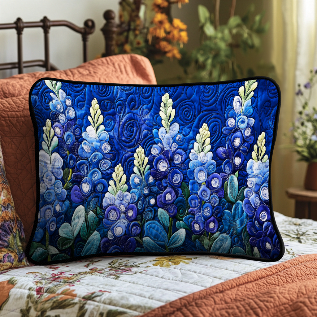 Blue Lupins quilted pillowcase – blue flower spikes on royal blue