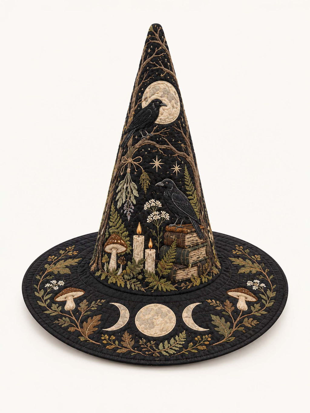 Raven Library quilted witch hat – raven with candles