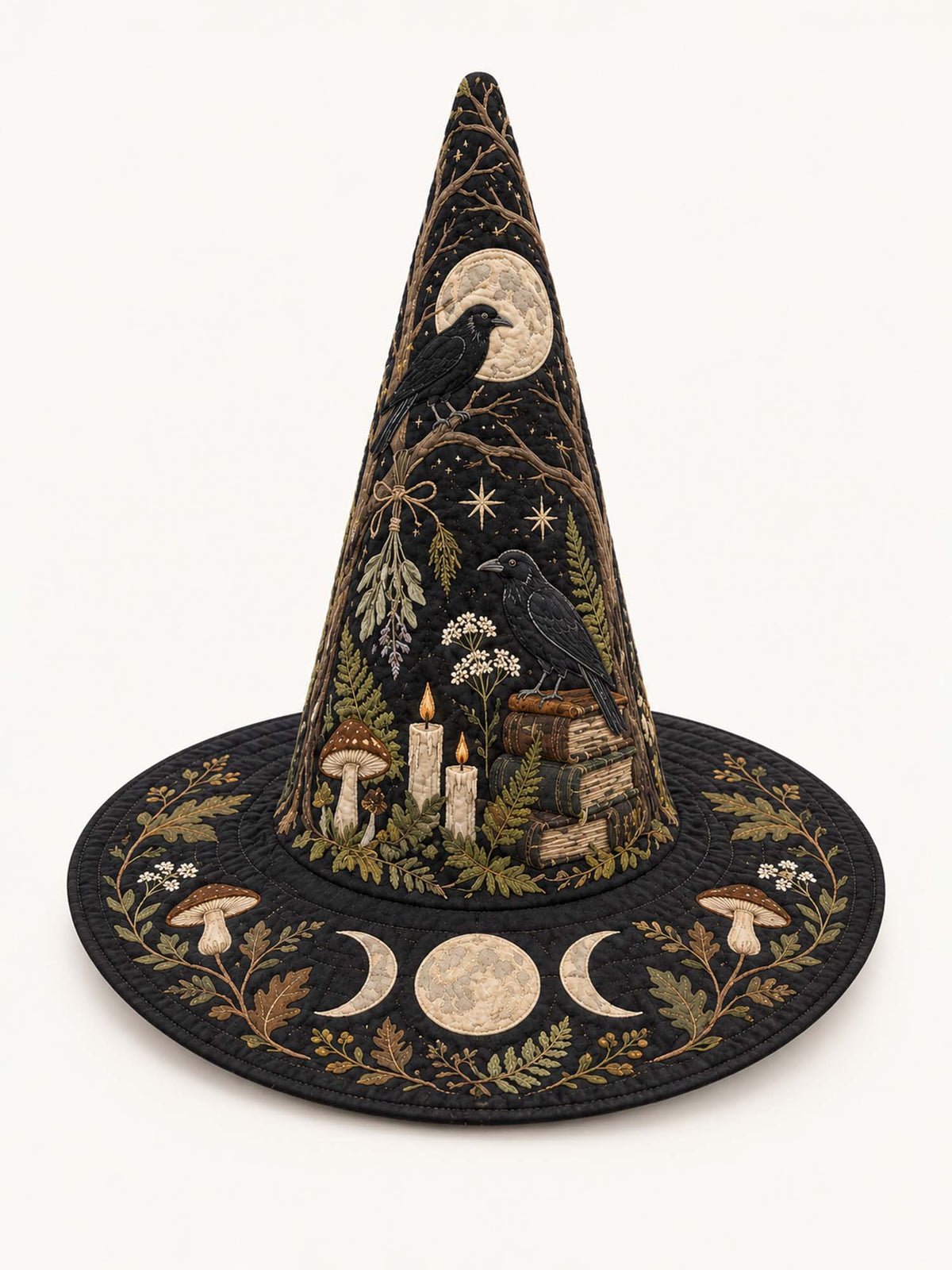 Raven Library quilted witch hat – raven with candles