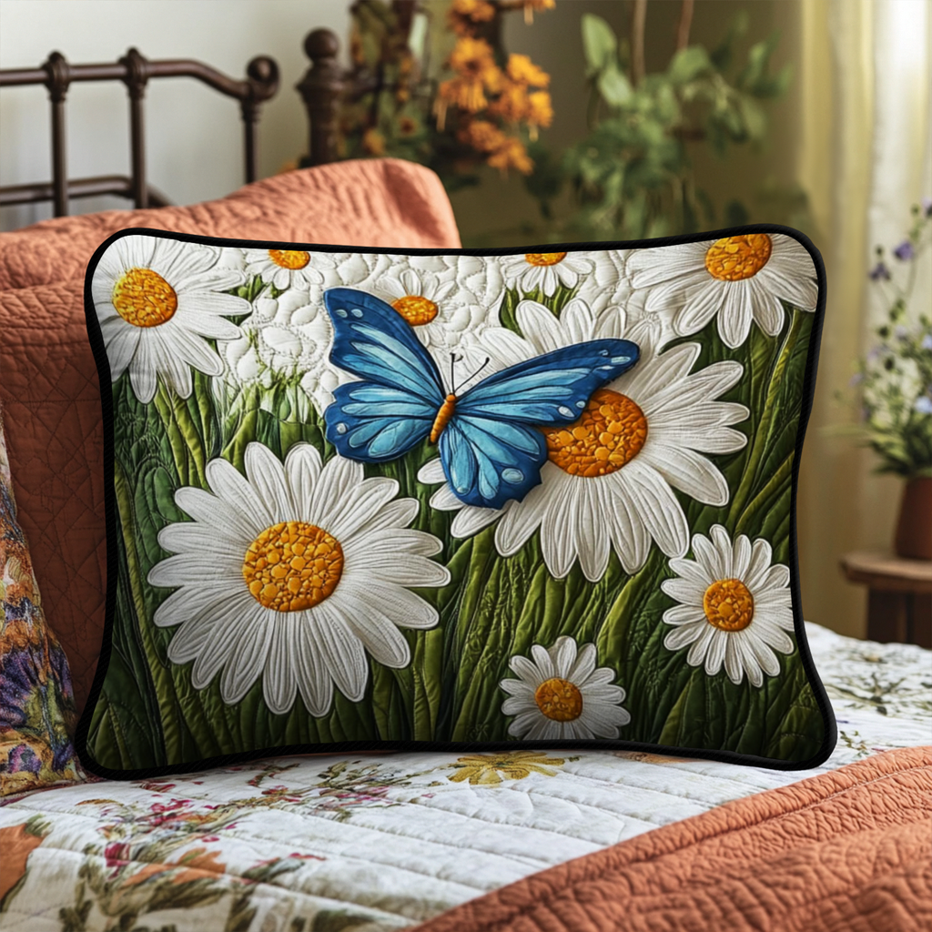 Butterfly and Daisies quilted pillowcase – blue butterfly above white daisies