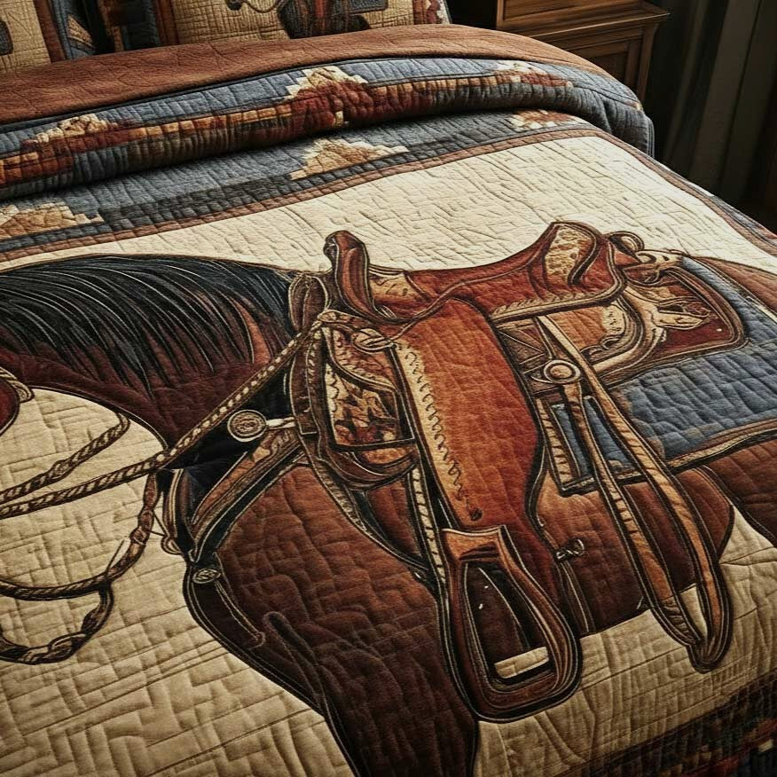 The Galloping Horses quilted bedspread set on a made bed