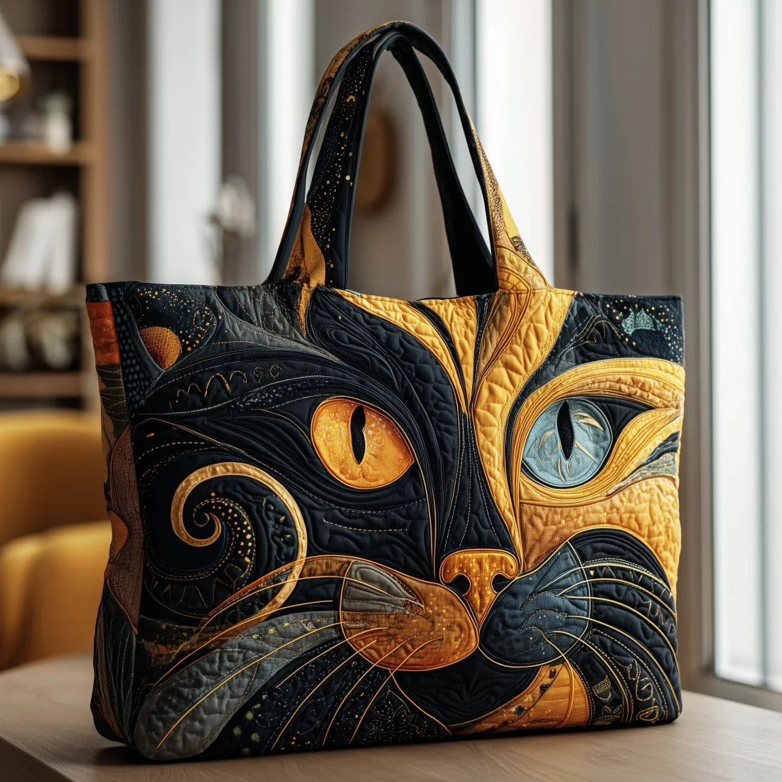 Artisan quilted tote bag with the Mystic Cat design, a cat beneath a crescent moon and golden stars on deep indigo.