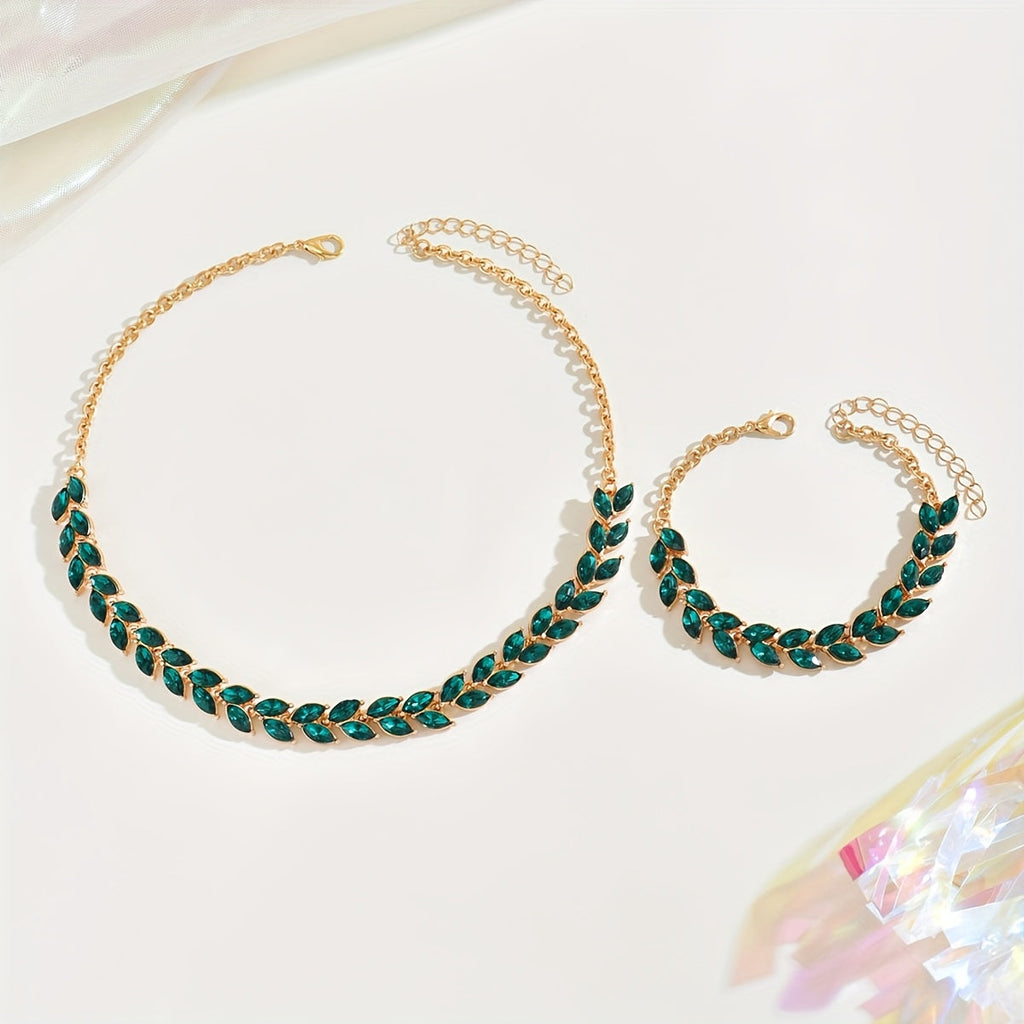 Necklace & Bracelet Set - Green Crystal Leaves