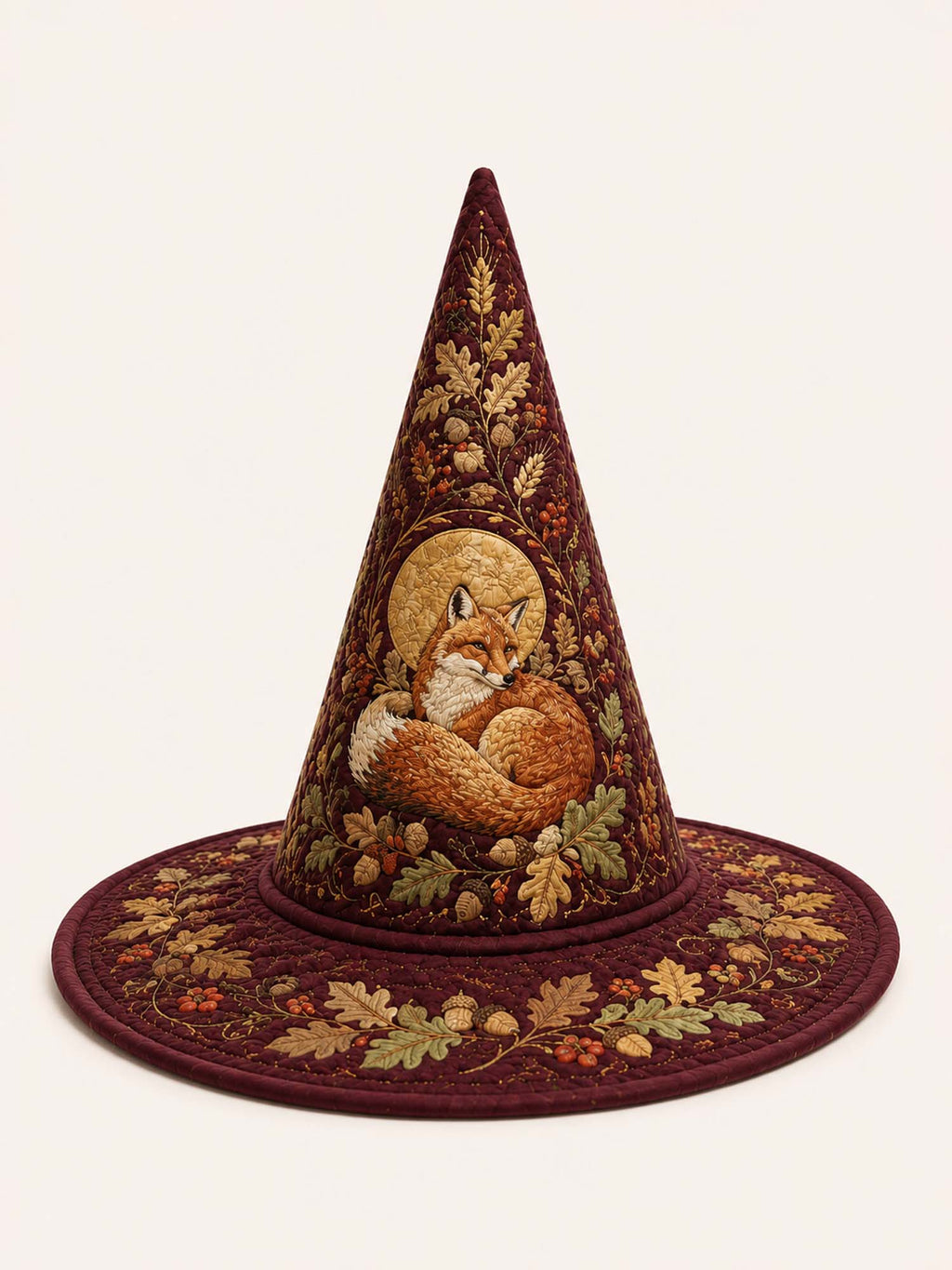 Woodland Fox Cottage quilted witch hat – sleeping fox and leaves