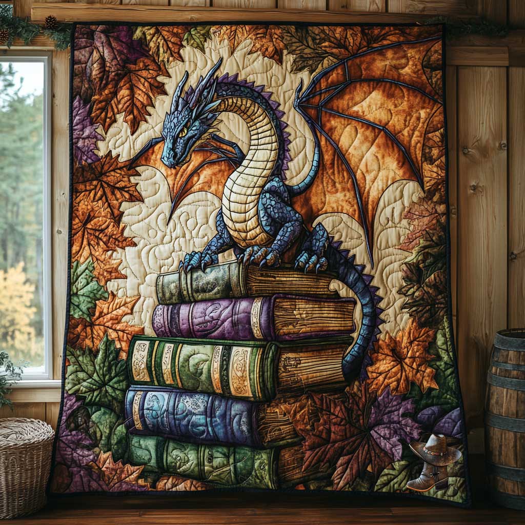 Autumn Book Dragon quilted throw – blue dragon with copper wings on books