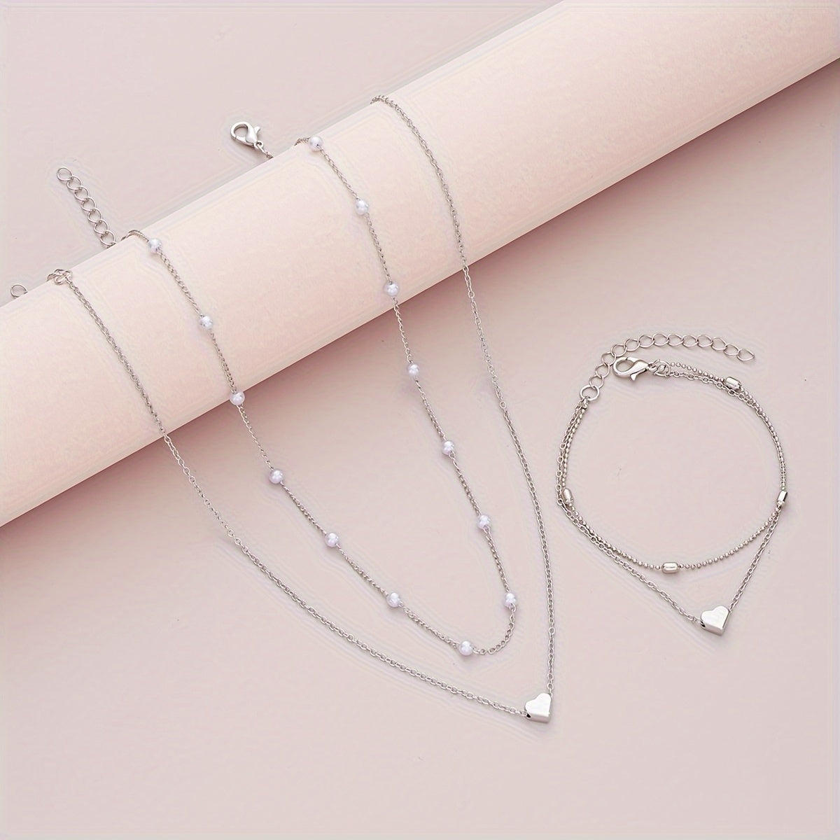 Necklace & Bracelet Set - Pearls & Heart