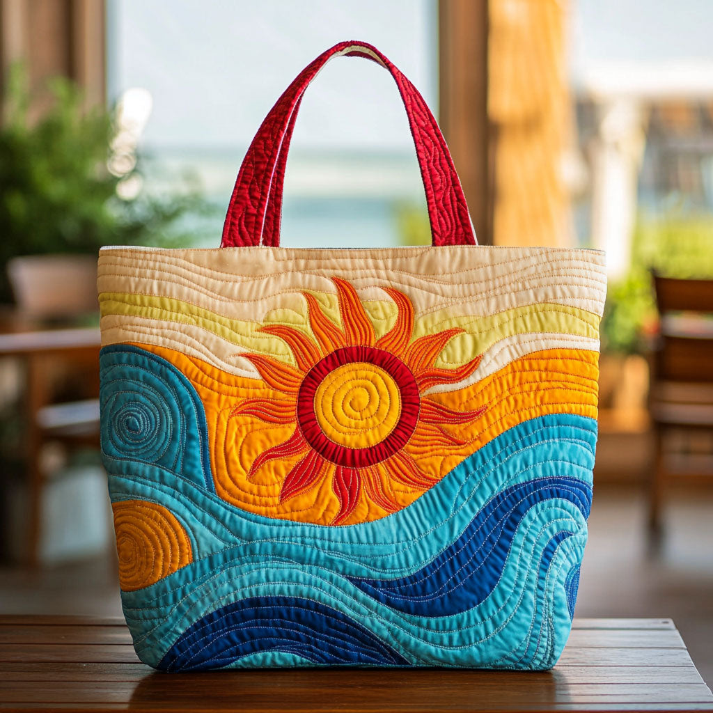 Sunlit Flow quilted tote bag – sun and waves