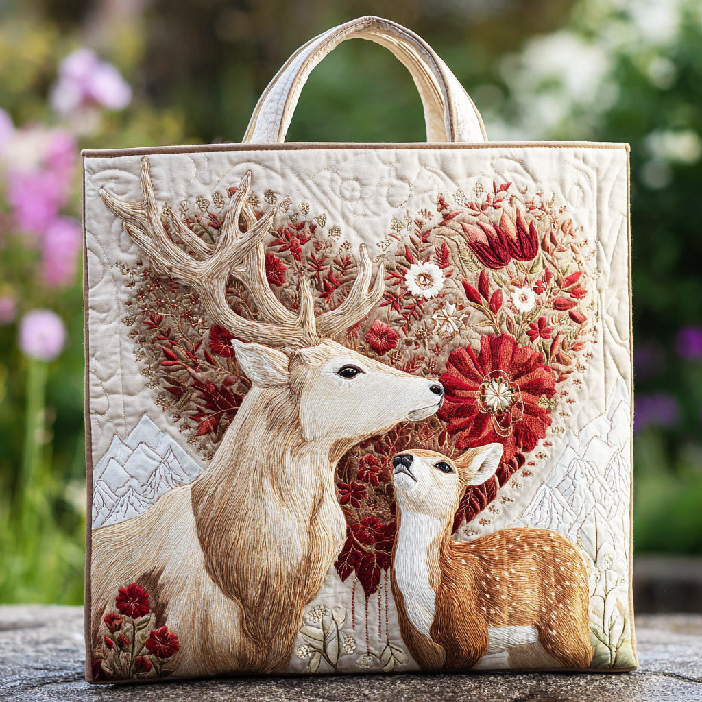 Gentle Deer Heart quilted tote bag – white stag and fawn