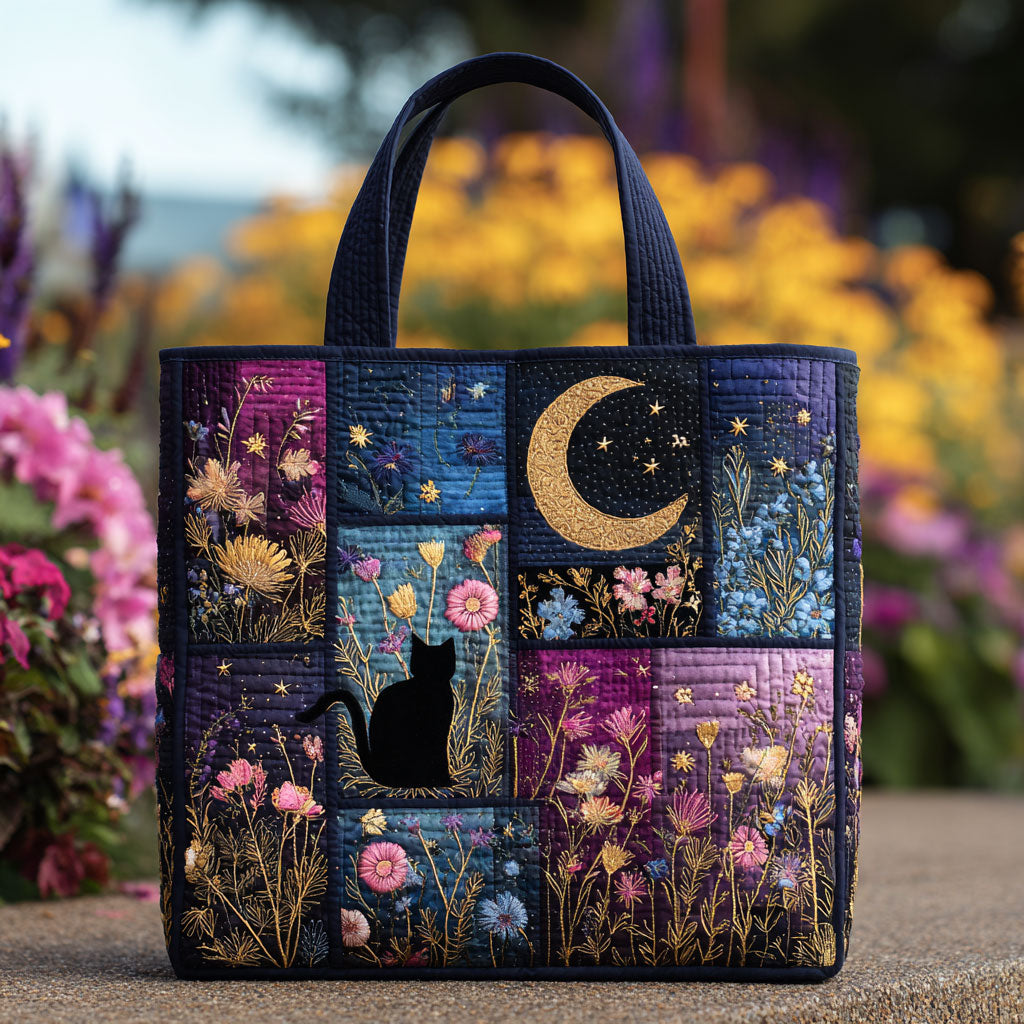 Floral Cat Night quilted tote bag – cat in night patchwork