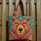 Vibrant Folk Bear quilted tote bag – folk-art bear face