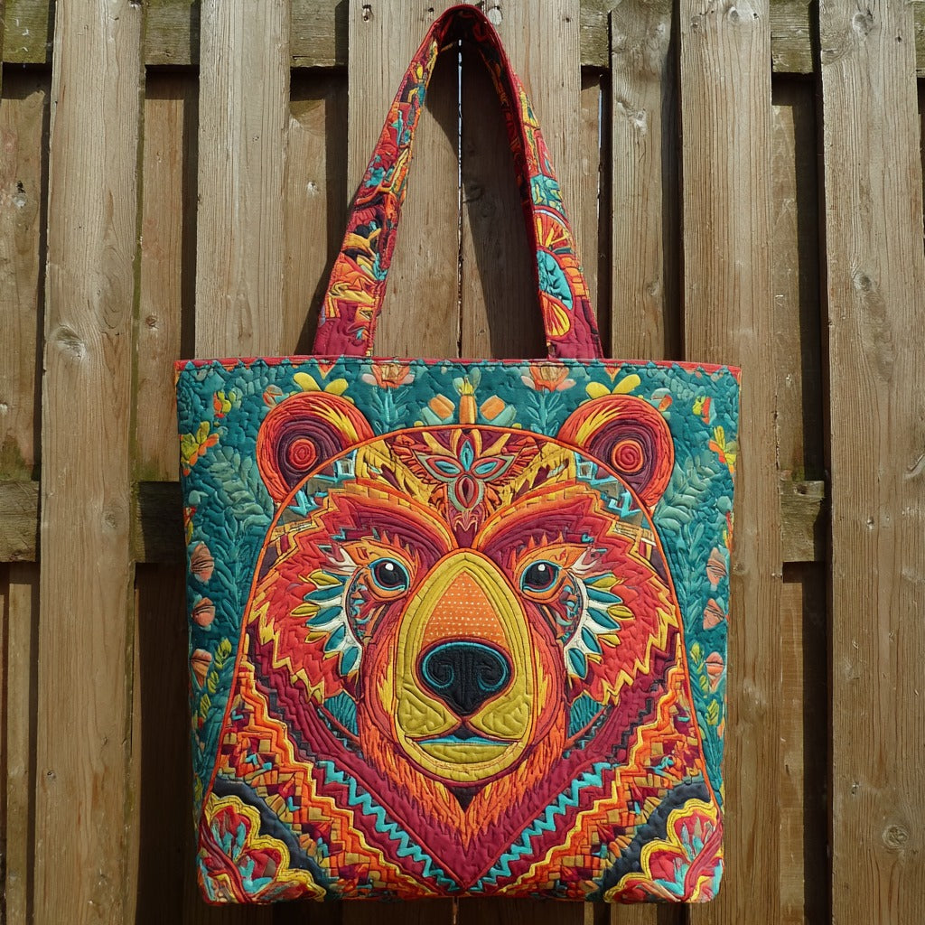 Vibrant Folk Bear quilted tote bag – folk-art bear face